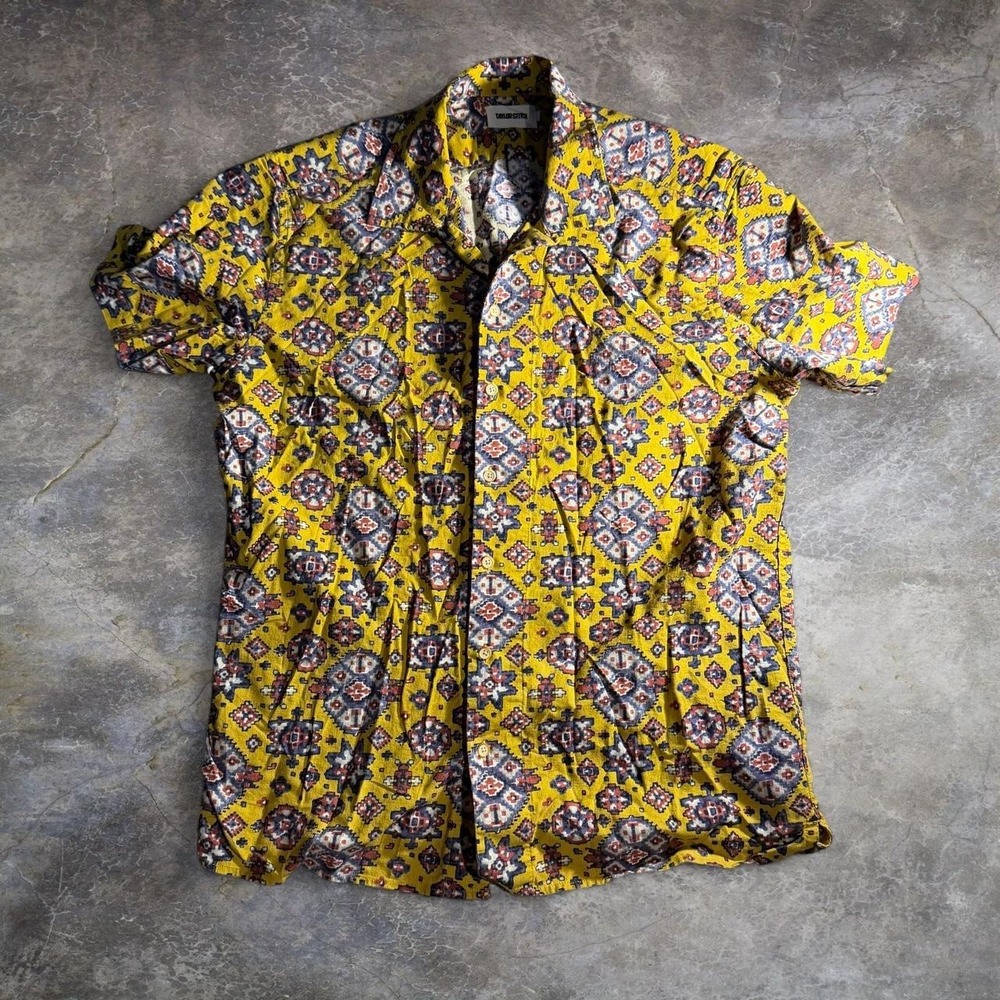 Vintage Taylor Stitch Yellow Geometric Camp Collar Button Up Shirt Size 42